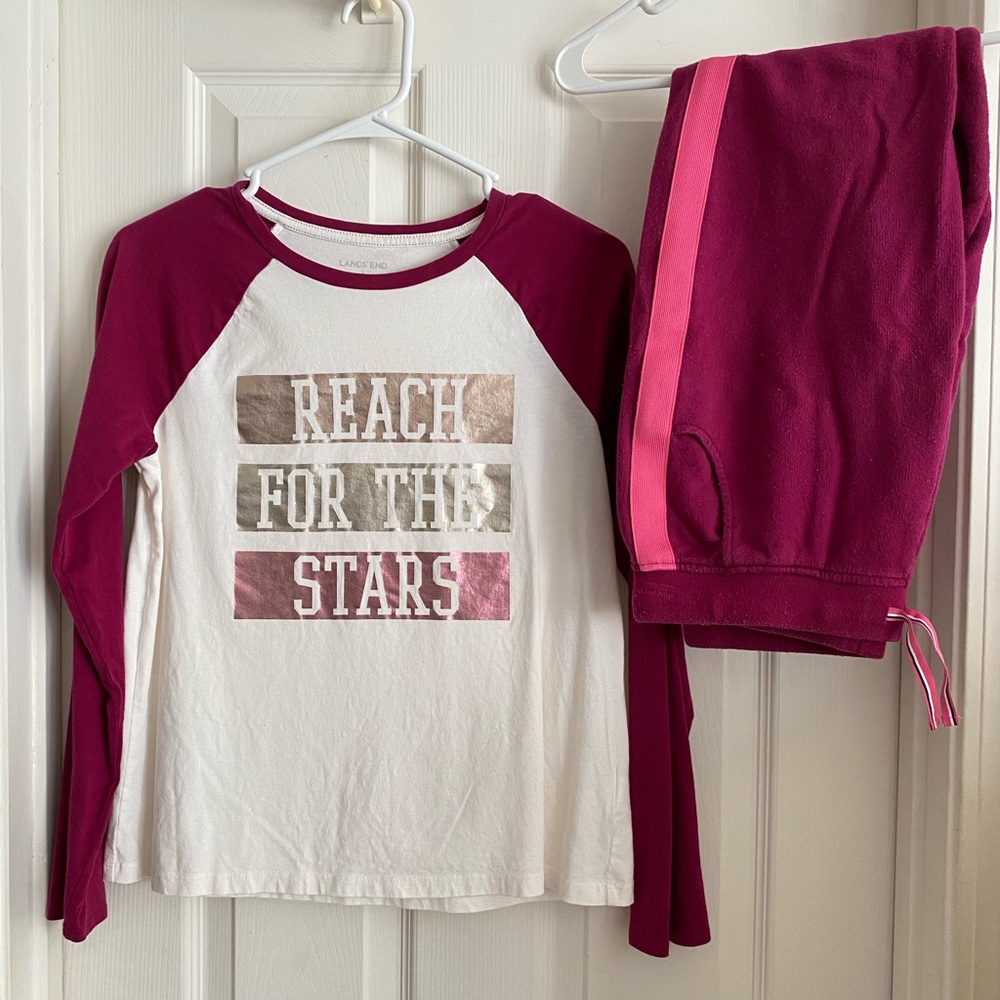Lands’ End Girl’s 14 PLUS Joggers Set Long Sleeve Tshirt PINK